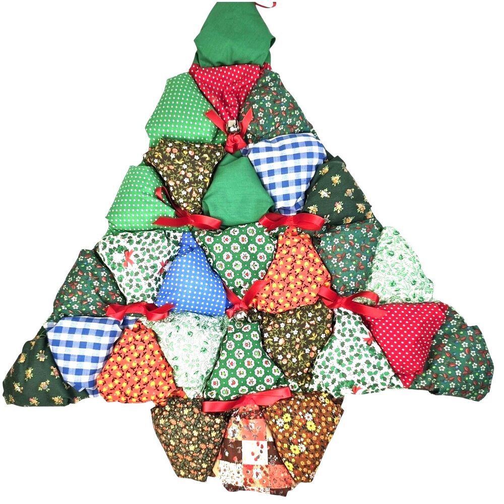 Vintage 80s Handmade Patchwork Christmas Tree Wall Hanging 20" Holiday